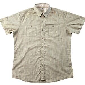 KÜHL Shirt Mens L Beige Short Sleeve Button Up Check Embroidered Pockets